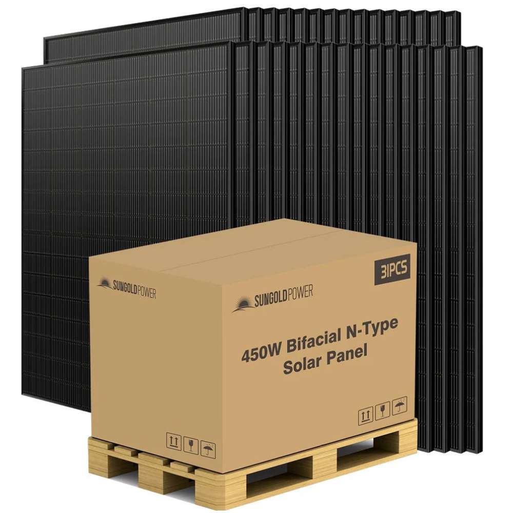 A full pallet of Sun Gold Power 450W Bifacial N-Type Monocrystalline Solar Panel Full Pallet (32 Panels) is packaged for convenient bulk shipping