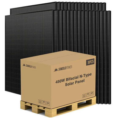 A full pallet of Sun Gold Power 450W Bifacial N-Type Monocrystalline Solar Panel Full Pallet (32 Panels) is packaged for convenient bulk shipping