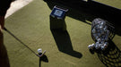 A golfer hits a ball from green turf toward a small black device that is the TruGolf LaunchBox Golf Launch Monitor w/ Starter 10 (2025) Enclosure