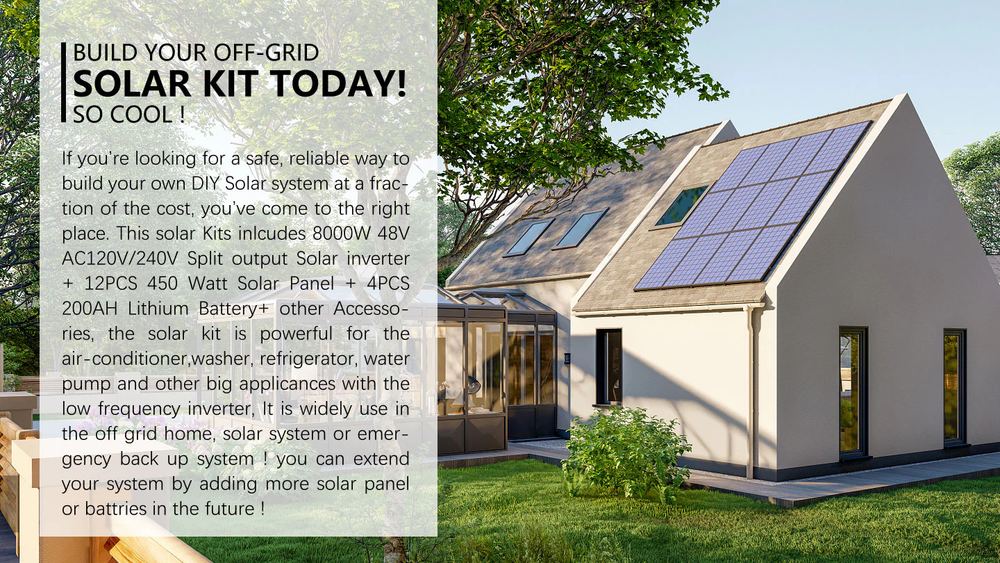 A graphic listing the key features of the Sun Gold Power Complete 8000W 48V 120V/240V 10.24KWH Lithium Battery 5400W Solar Panel Off-Grid Solar Kit