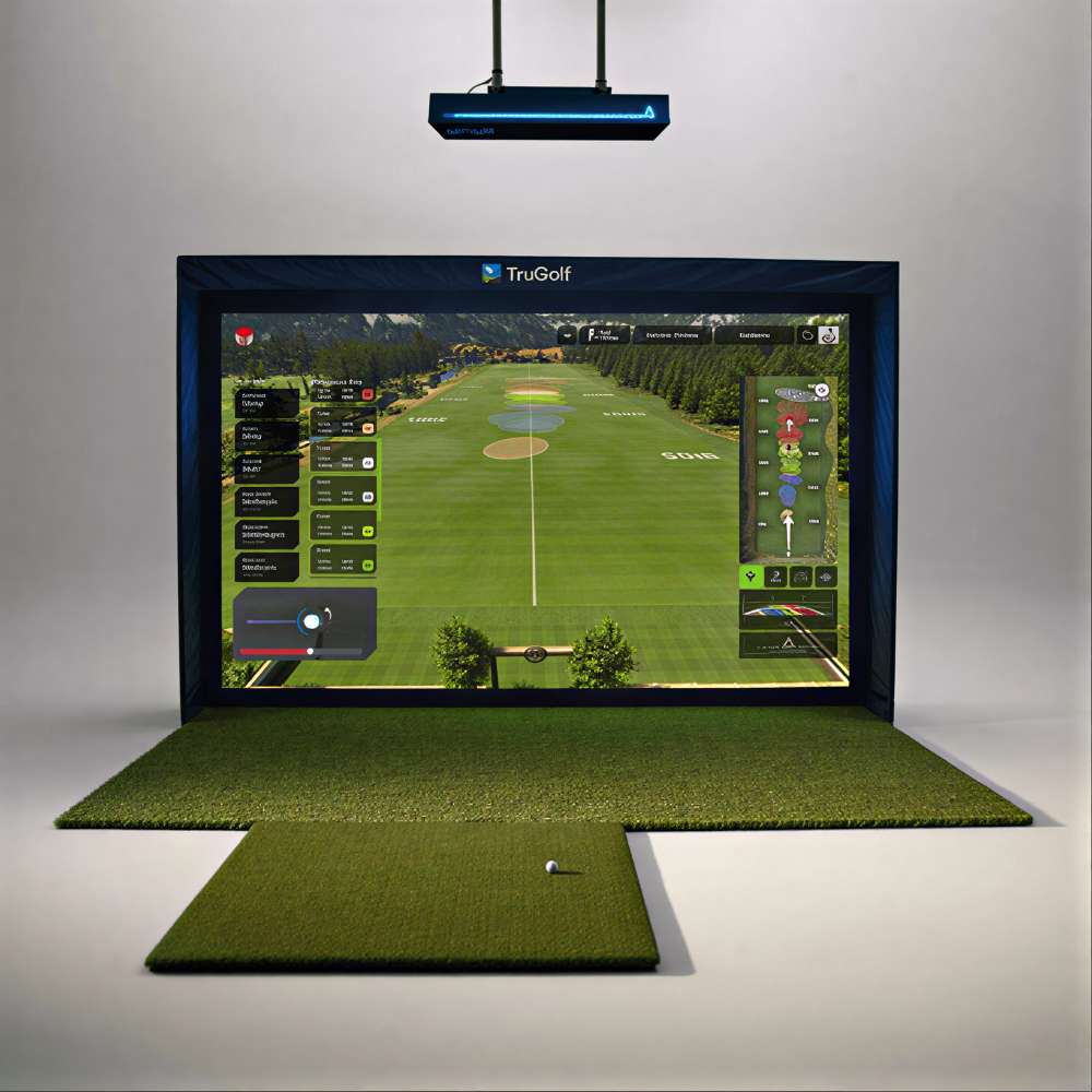 A home golf simulator shows a hitting mat facing a virtual fairway on a screen with TruGolf APOGEE Golf Launch Monitor w/ Starter 10 (2025) Enclosure
