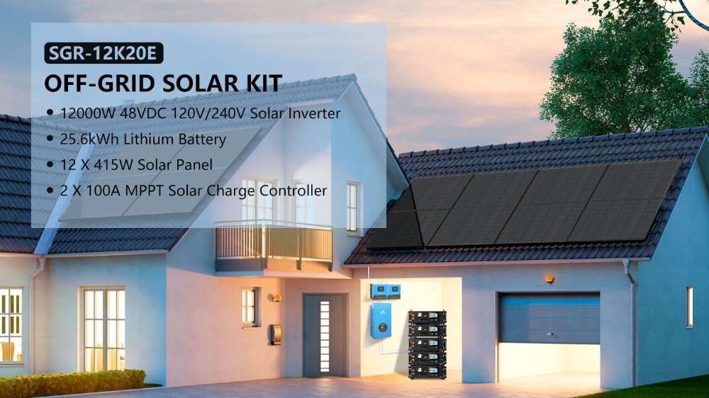 A home with rooftop solar panels installed using Sun Gold Power 12000W 48VDC 120V/240V LifePo4 25.6KWH Lithium Battery Off-Grid Solar Kit for reliable off-grid power