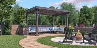 A modern Structureworks Reverie Fiberglass Pergola stands over a cozy seating area beside a curved garden path and a small fire pit with chairs