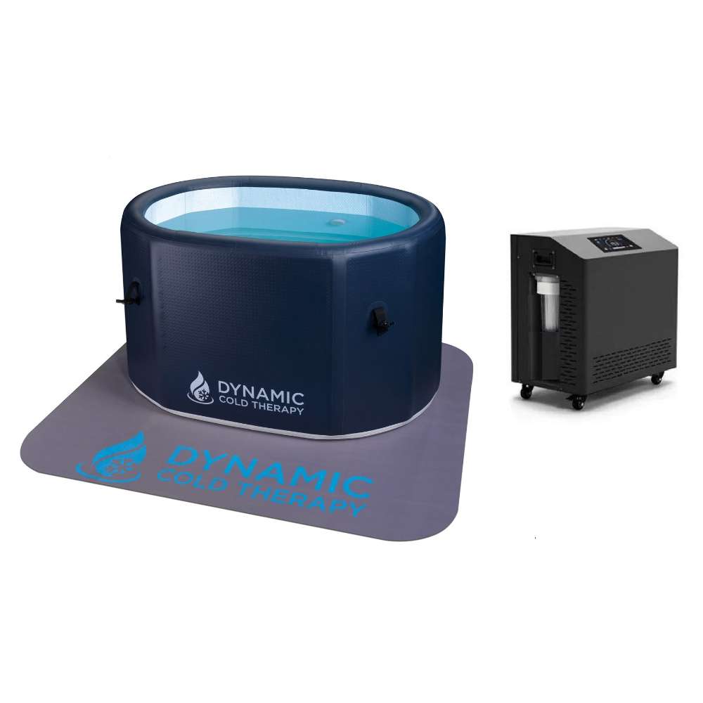 A navy inflatable tub filled with clear blue water, Golden Designs Dynamic Cold Therapy Inflatable Oval Cold Plunge sits beside its portable chiller and branded floor mat