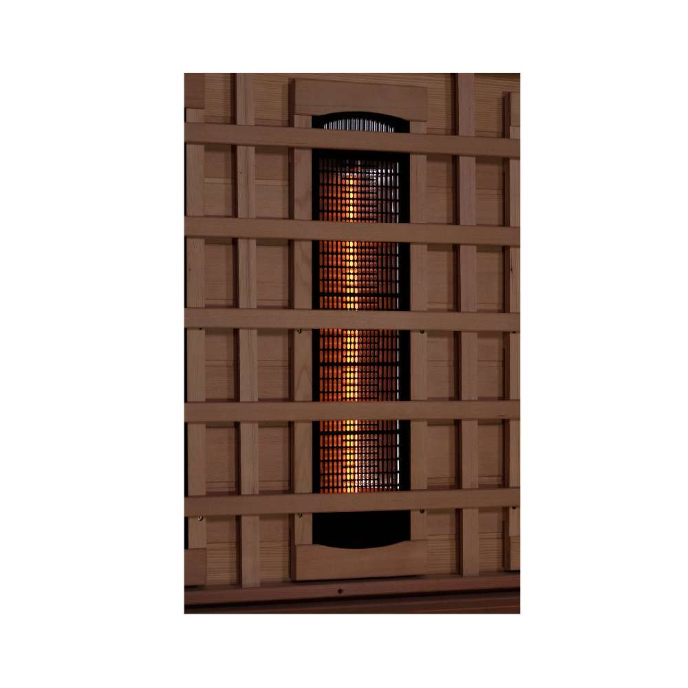 A near infrared heater glows orange behind light wood slats in Golden Designs Reserve Edition 3 Person Near Zero EMF Full Spectrum Sauna with Himalayan Salt Bar