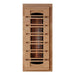 A near infrared heater with glowing elements behind slatted wood covers, used in Golden Designs 2025 Reserve Edition 3 Person Full Spectrum Sauna with Himalayan Salt Bar