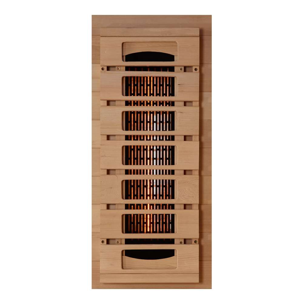 A near infrared heater with glowing elements behind slatted wood covers, used in Golden Designs Reserve Edition 1 Person Full Spectrum Sauna with Himalayan Salt Bar