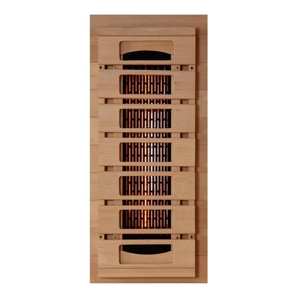 A near infrared heater with glowing elements behind slatted wood covers, used in Golden Designs Reserve Edition 2 Person Full Spectrum Sauna with Himalayan Salt Bar