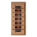 A near infrared heater with glowing elements behind slatted wood covers, used in Golden Designs Reserve Edition 2 Person Full Spectrum Sauna with Himalayan Salt Bar