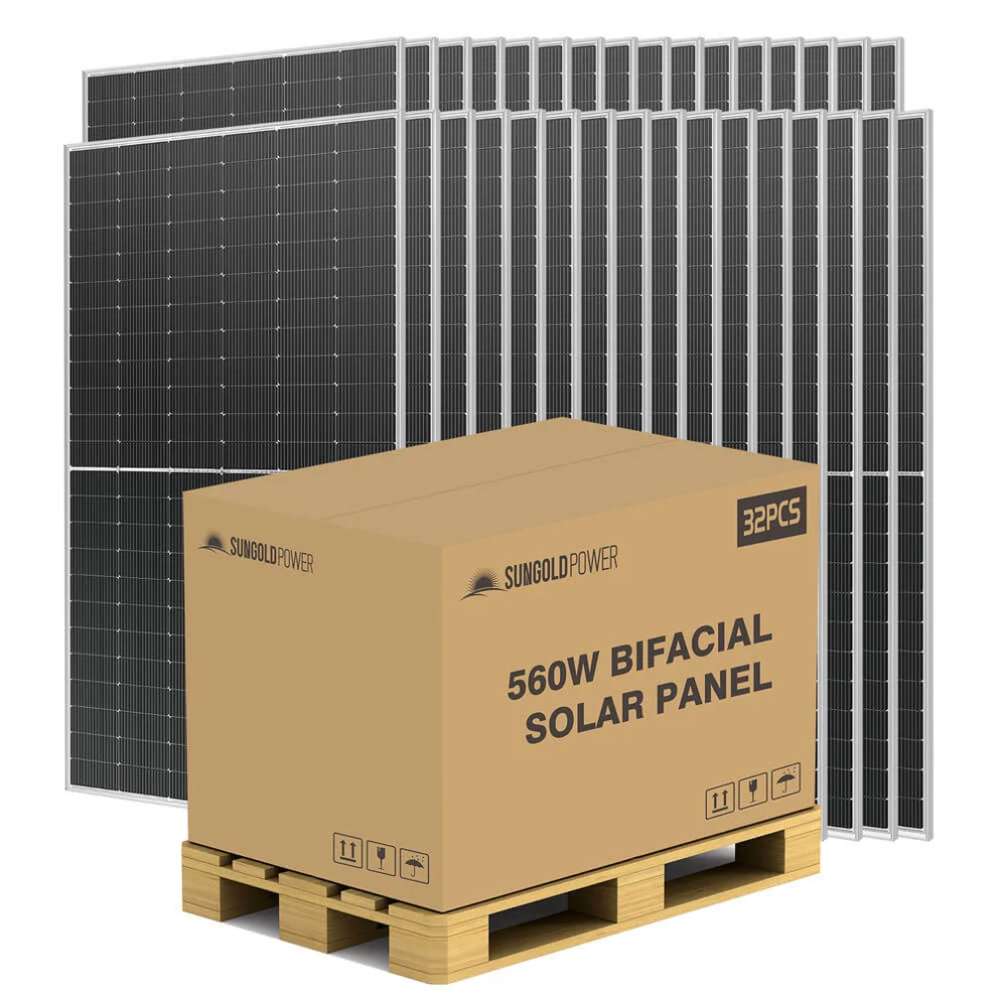 A pallet of Sun Gold Power 560W Bifacial N-Type Solar Panel Full Pallet (32 Panels) is shown with 32 high-efficiency bifacial solar panels ready for installation