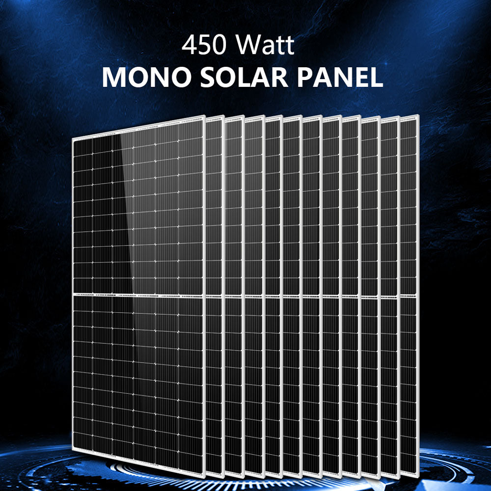 A specification chart listing the electrical ratings of the 450W monocrystalline solar panel included in the Sun Gold Power Complete 8000W 48V 120V/240V 10.24KWH Lithium Battery 5400W Solar Panel Off-Grid Solar Kit