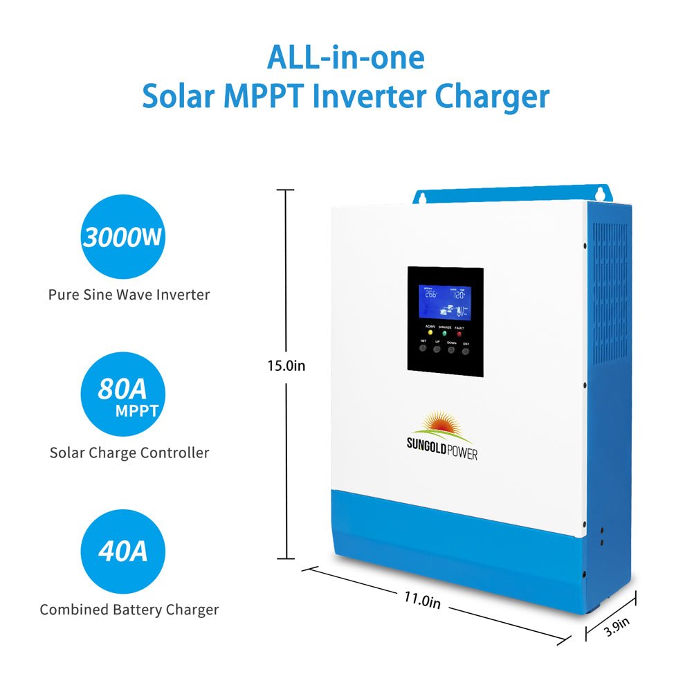 A system configuration diagram showing the setup of the Sun Gold Power 3000W 24V 120V 5.12KWH Lithium Battery 800W Solar Panel Off-Grid Solar Kit