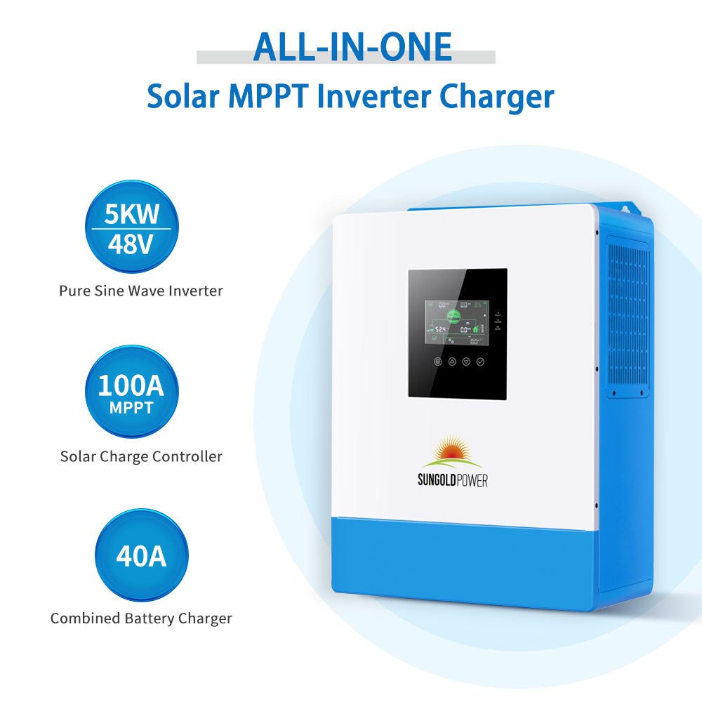 A system configuration diagram showing the setup of the Sun Gold Power 5000W 48V 120V 10.24KWH Lithium Battery 2700W Solar Panel Off-Grid Solar Kit