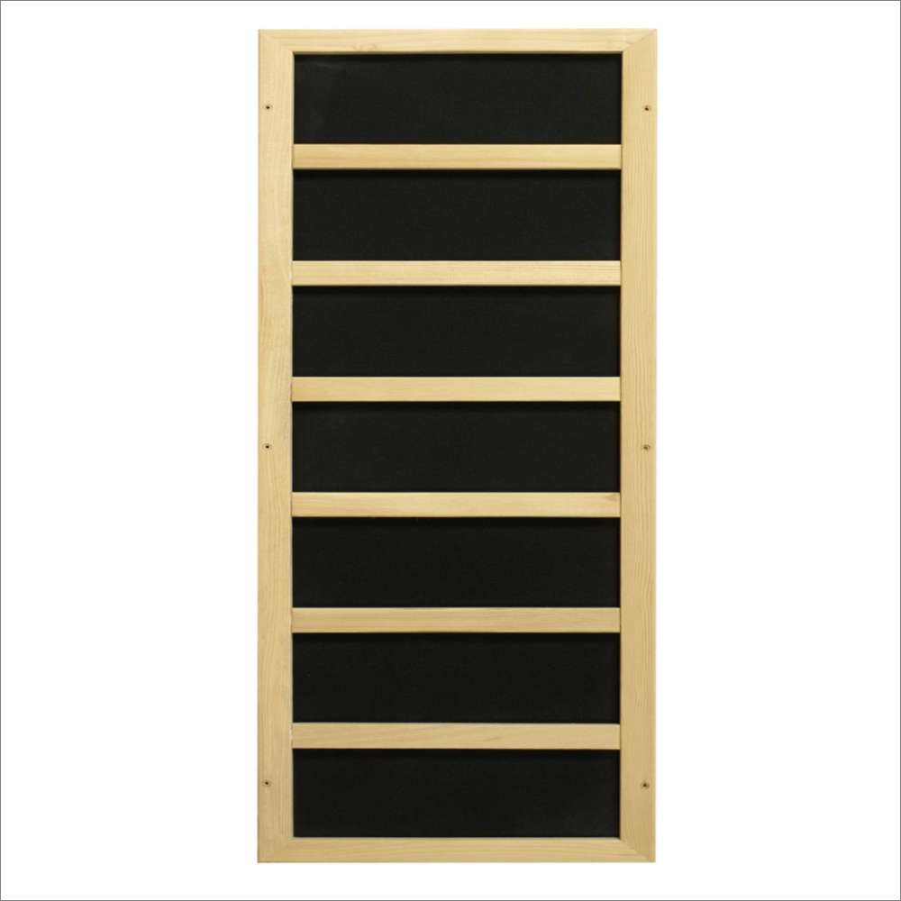 A tall carbon heating panel with black strips in a light wood frame, used in Golden Designs Monaco Near Zero EMF Far IR Sauna