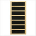 A tall carbon heating panel with black strips in a light wood frame, used in Golden Designs Monaco Near Zero EMF Far IR Sauna
