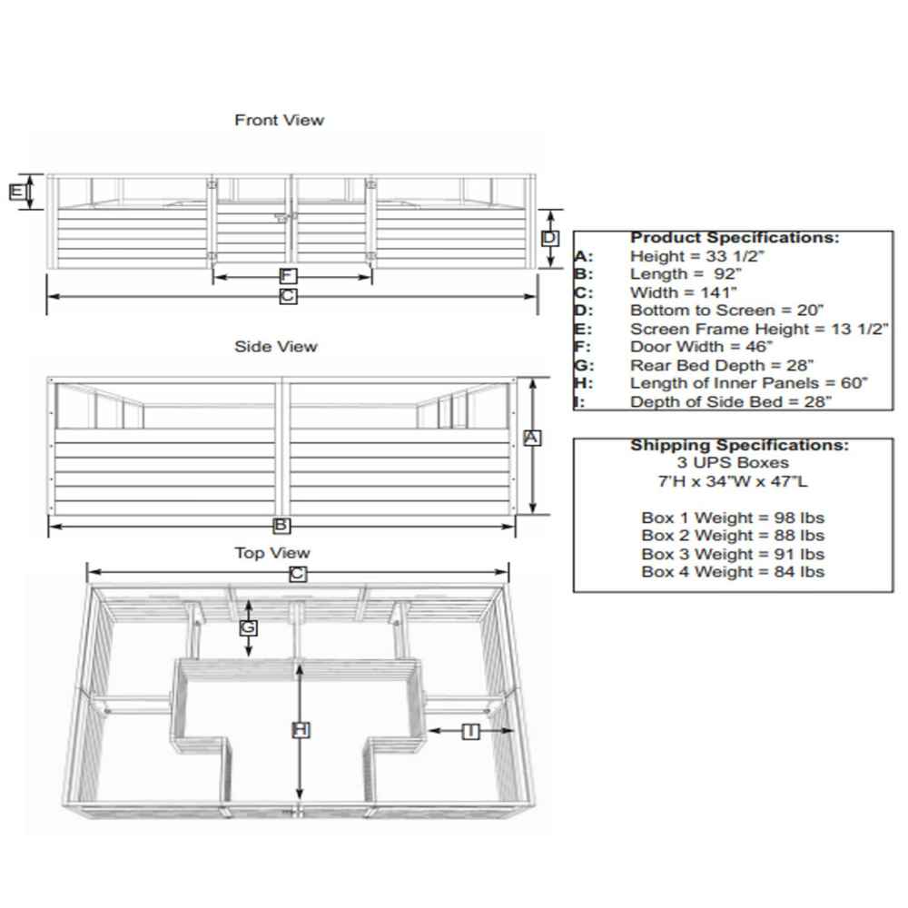 A technical drawing details dimensions and shipping specs of the Outdoor Living Today 12×8 Raised Garden Bed from multiple views