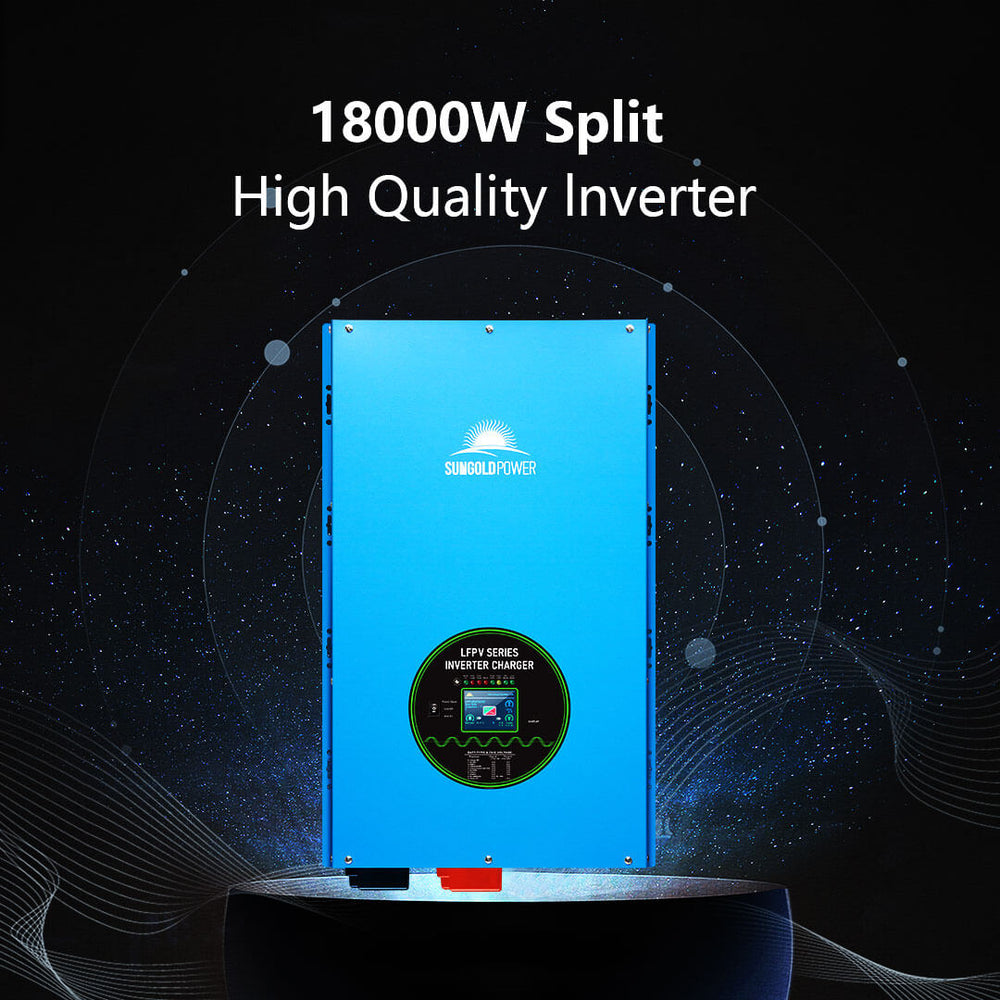 A technical specifications chart for the 18000W inverter charger included in Sun Gold Power 18000W 48VDC 120V/240V LifePo4 30.72KWH Lithium Battery Off-Grid Solar Kit