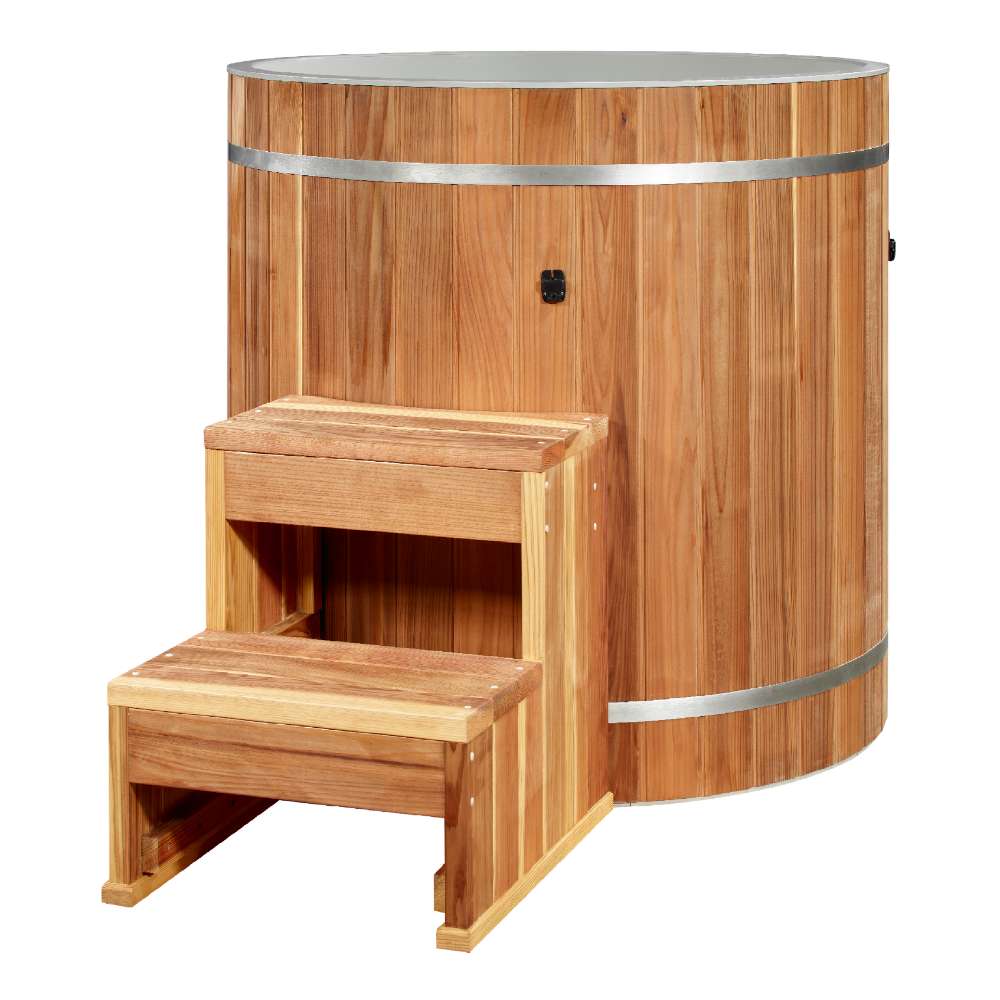 A two-step cedar staircase leads up to the rim of Golden Designs Dynamic Cold Therapy PVC Barrel Cold Plunge, a round barrel with vertical cedar staves