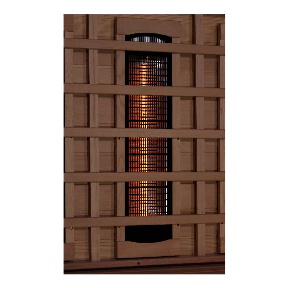 A vertical near infrared heater glows orange behind a wooden grille in Golden Designs Reserve Edition 6 Person Near Zero EMF Full Spectrum Sauna with Himalayan Salt Bar