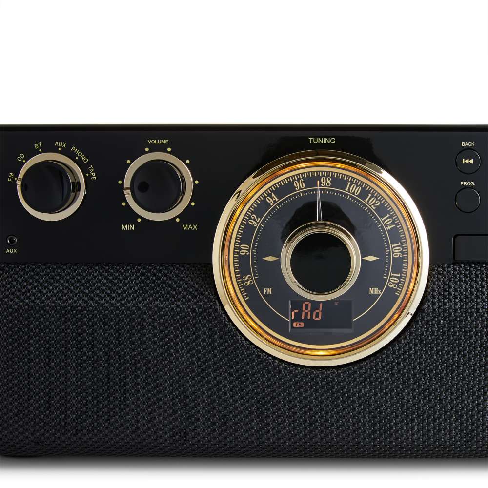 A vintage radio dial and control knobs highlight the Victrola Empire Bluetooth Record Player