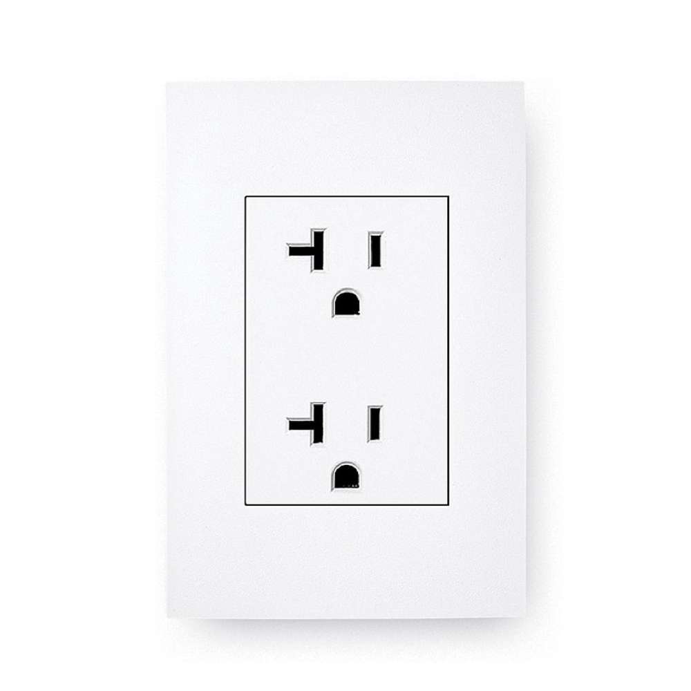 A white 20 amp wall outlet with two receptacles shows the power connection used by Golden Designs 2025 Reserve Edition 3 Person Full Spectrum Sauna with Himalayan Salt Bar