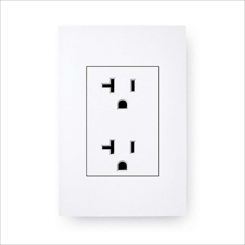A white 20 amp wall outlet with two receptacles shows the power connection used by Golden Designs Reserve Edition 3 Person Full Spectrum Sauna with Himalayan Salt Bar