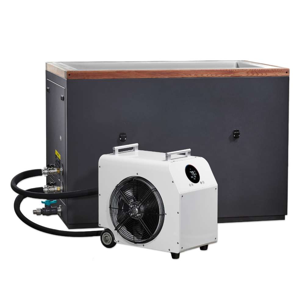 A white chiller with a large front fan connects by black hoses to the side fittings of Golden Designs Dynamic Cold Therapy Cuboid Plastic Cold Plunge Tub