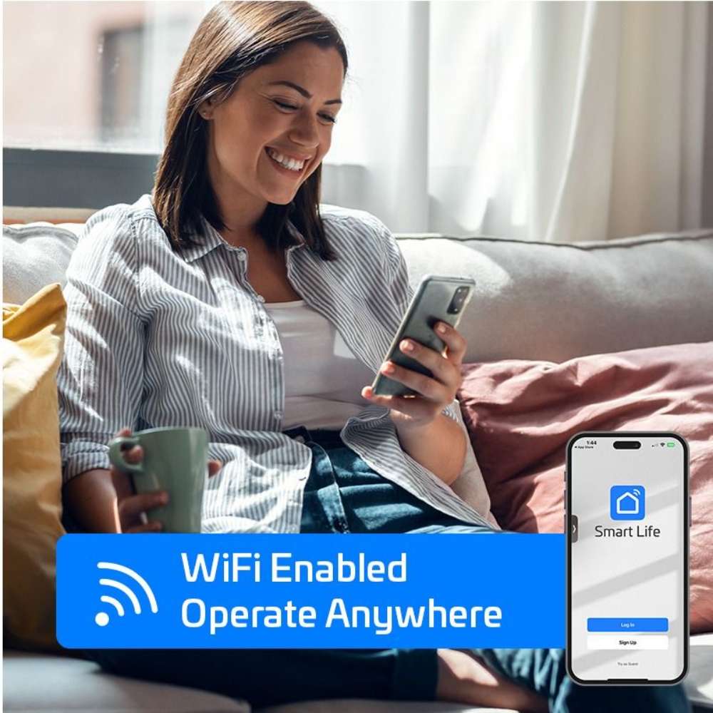 A woman on a sofa uses the Smart Life app on her phone in this WiFi enabled graphic for ACiQ 12000 BTU Essentials 20 SEER2 Single Zone Wall Mount Mini Split Heat Pump System