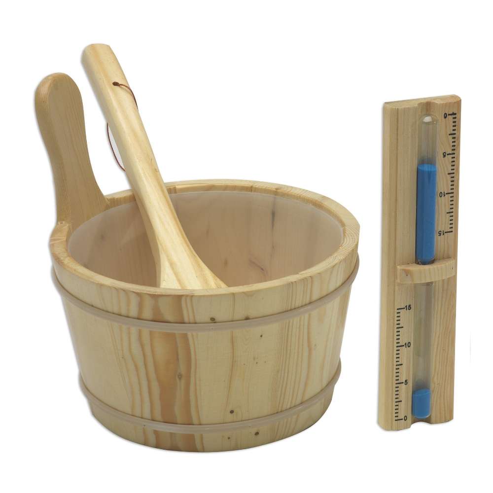 A wooden bucket and ladle sit beside a wooden sandglass timer, included with Golden Designs Engelberg 6 Person Traditional Sauna