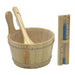 A wooden bucket and ladle sit beside a wooden sandglass timer, included with Golden Designs Engelberg 6 Person Traditional Sauna
