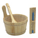 A wooden bucket with a ladle and a wooden sandglass timer, the accessories that come with Golden Designs Osla 6 Person Traditional Sauna