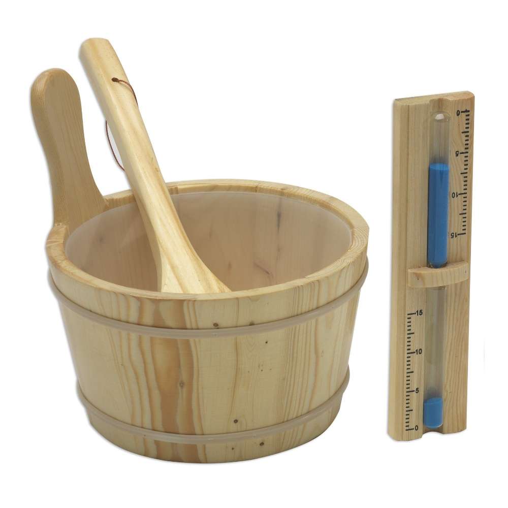 A wooden bucket with a ladle stands beside a wooden sandglass timer, the accessories included with Golden Designs Copenhagen 3 Person Traditional Sauna