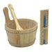 A wooden bucket with a ladle stands beside a wooden sandglass timer, the accessories included with Golden Designs Copenhagen 3 Person Traditional Sauna