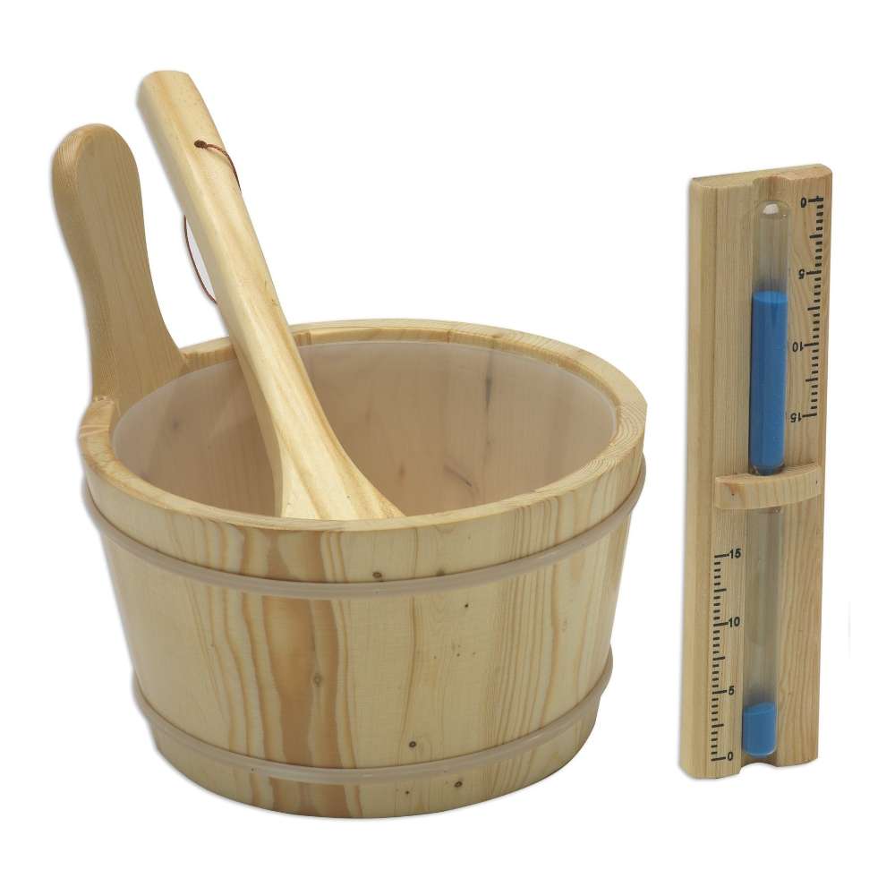 A wooden bucket with a ladle stands beside a wooden sandglass timer, the accessories included with Golden Designs Hanko 2-3 Person Traditional Sauna
