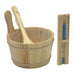 A wooden bucket with a ladle stands beside a wooden sandglass timer, the accessories included with Golden Designs Hanko 2-3 Person Traditional Sauna