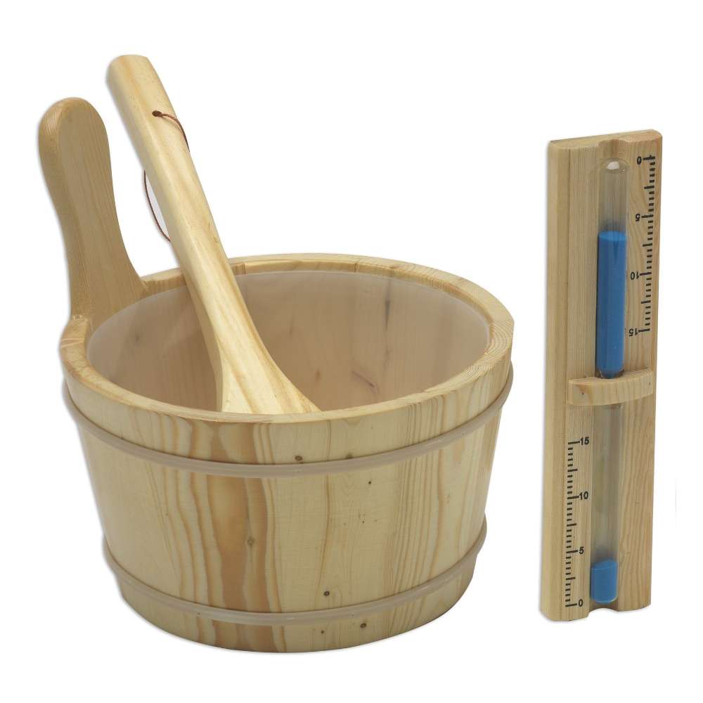 A wooden bucket with a ladle stands beside a wooden sandglass timer, the accessories included with Golden Designs Kuusamo 6 Person Traditional Sauna