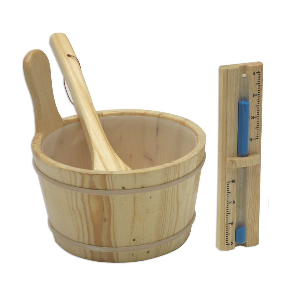 A wooden bucket with a ladle stands beside a wooden sandglass timer, the accessories included with Golden Designs Sundsvall 2 Person Traditional Sauna