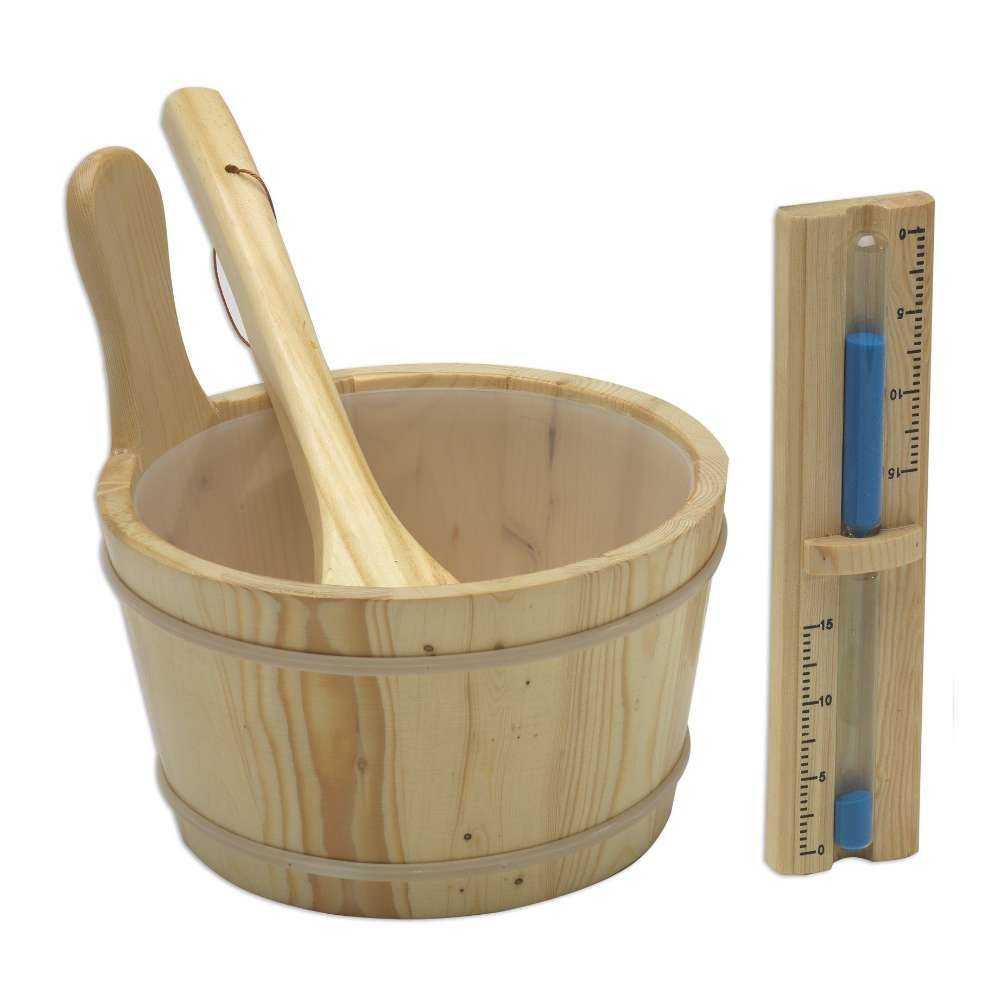 A wooden bucket with a ladle stands next to a wooden sandglass timer, the accessories included with Golden Designs Forssa 3-4 Person Traditional Sauna