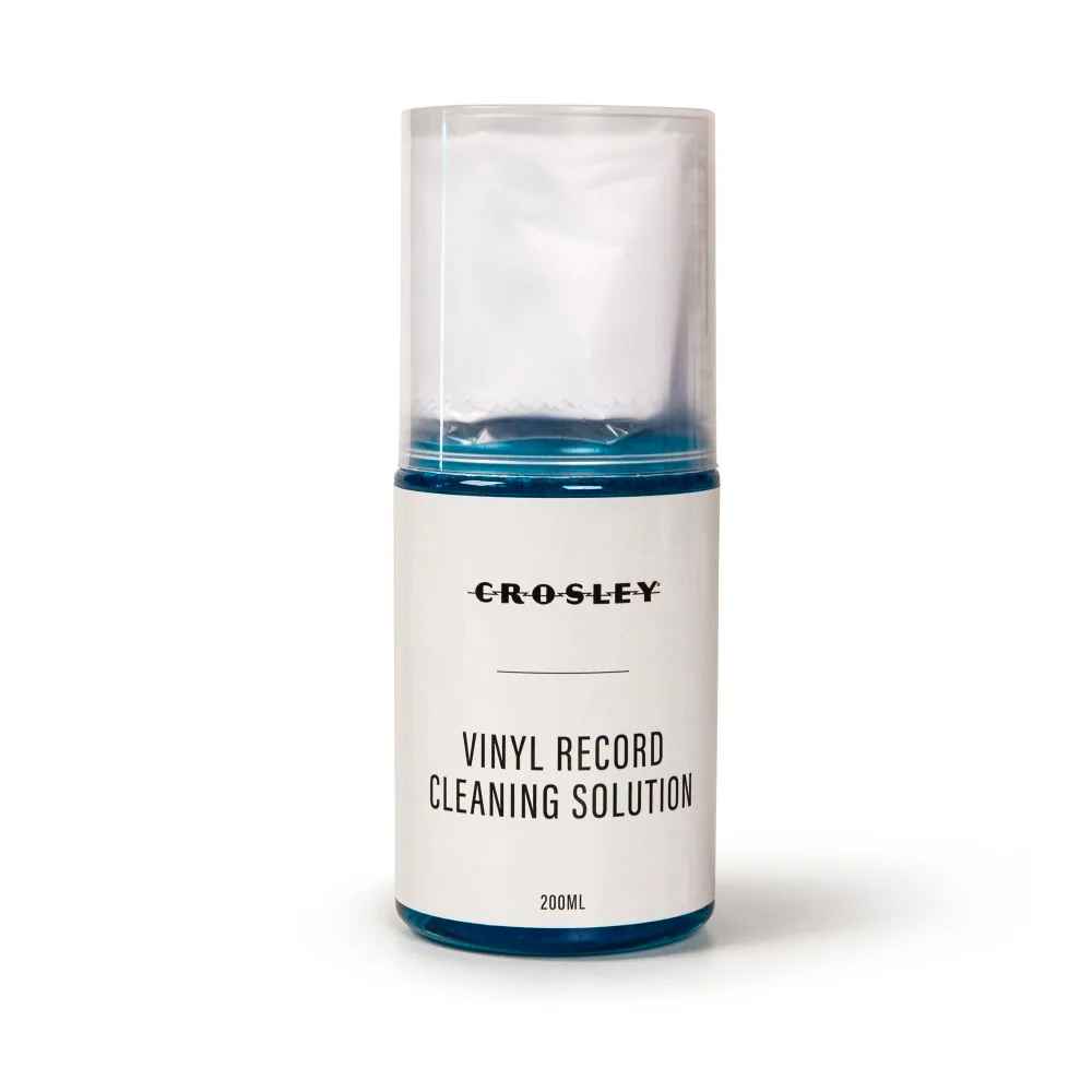 A 200ml bottle of vinyl record cleaning solution from the Crosley 5-in-1 Record Cleaning Kit is shown with a clear cap