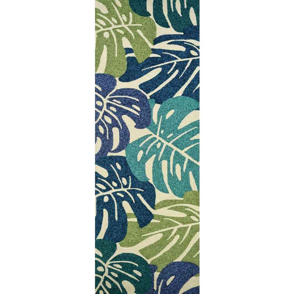 A 2'6" x 8'6" Runner Couristan Covington Indoor/Outdoor Rug - Monstera/Cream-Multi displays the same lush monstera pattern in a long, narrow shape