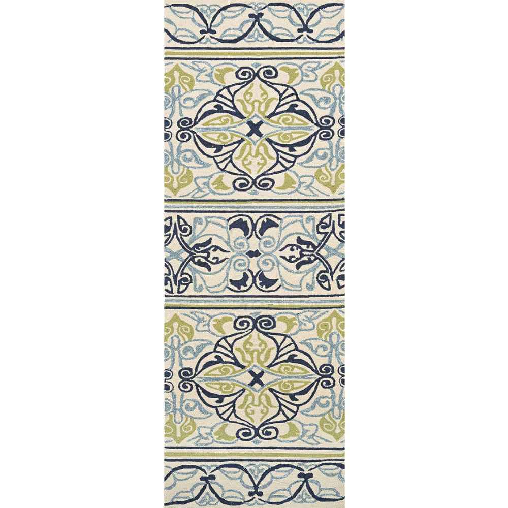 A 2'6" x 8'6" Runner version of the Couristan Covington Indoor/Outdoor Rug - Pegasus/Ivory-Navy-Lime displays the same pattern on a long, rectangular layout