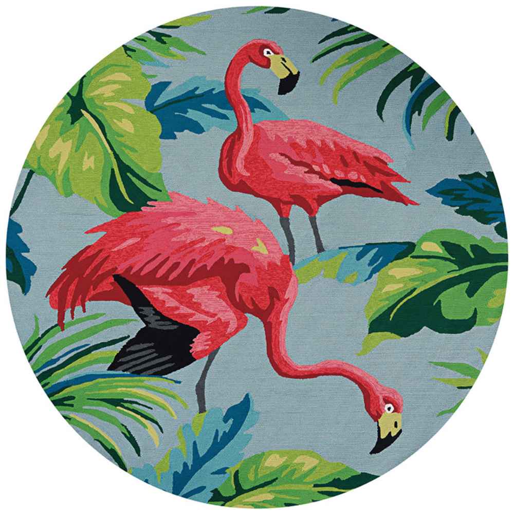 A 7'10" Round Couristan Covington Indoor/Outdoor Rug - Flamingos/Multi features two pink flamingos among tropical green leaves on a grey background