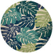 A 7'10" Round of the Couristan Covington Indoor/Outdoor Rug - Monstera/Cream-Multi displays a full leafy pattern in green, teal, and navy tones