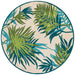 A 7'10" round Couristan Covington Indoor/Outdoor Rug - Jungle Leaves/Ivory-Forest Green features a tropical leaf pattern in vibrant greens and blues on an ivory background