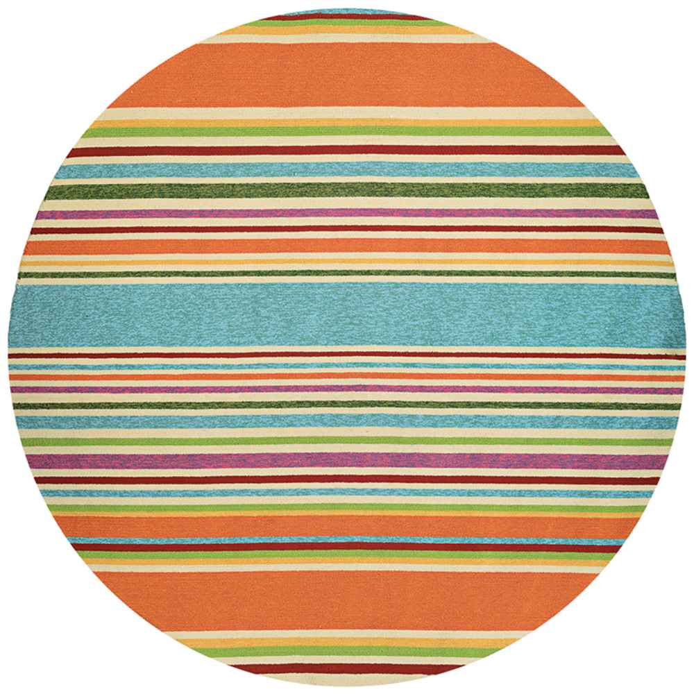 A 7'10" round Couristan Covington Indoor/Outdoor Rug - Sherbet Stripe/Multi with colorful horizontal stripes in orange, blue, green, and purple tones
