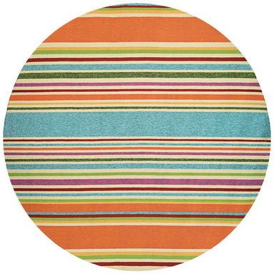 A 7'10" round Couristan Covington Indoor/Outdoor Rug - Sherbet Stripe/Multi with colorful horizontal stripes in orange, blue, green, and purple tones