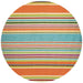 A 7'10" round Couristan Covington Indoor/Outdoor Rug - Sherbet Stripe/Multi with colorful horizontal stripes in orange, blue, green, and purple tones