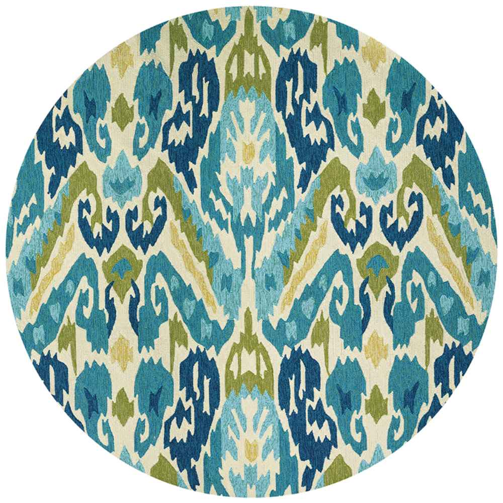 A 7'10" round version of the Couristan Covington Indoor/Outdoor Rug - Delfina/Azure-Lemon features a circular shape with the same vibrant, patterned look