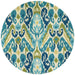A 7'10" round version of the Couristan Covington Indoor/Outdoor Rug - Delfina/Azure-Lemon features a circular shape with the same vibrant, patterned look