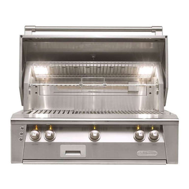 AAlfresco Grills 36″ Luxury Grill Built-In with its lid open, revealing powerful interior lighting, a rotisserie system, and stainless steel grates